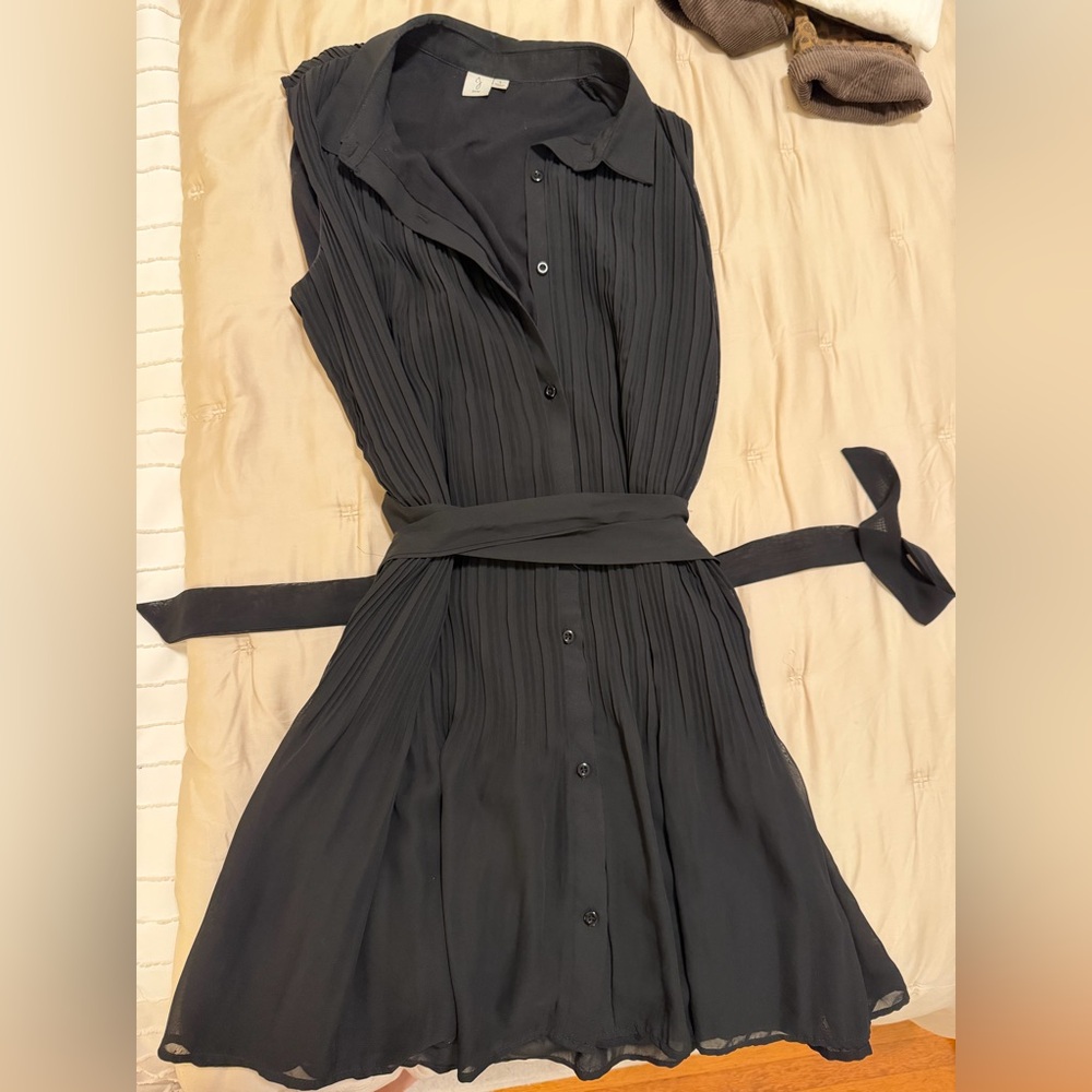 Joie Black Pleated Button-Front Midi Dress with Waist Tie